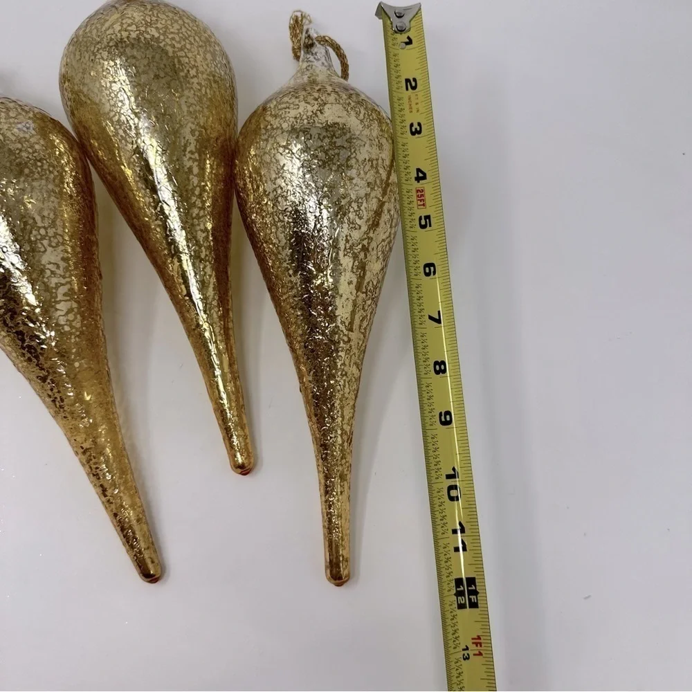 Large Gold Blown Glass Tear Drop Crackled Ornaments 11 1/2” Set Of 3